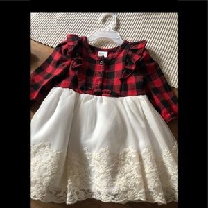 Red plaid and cream lace baby girl dress